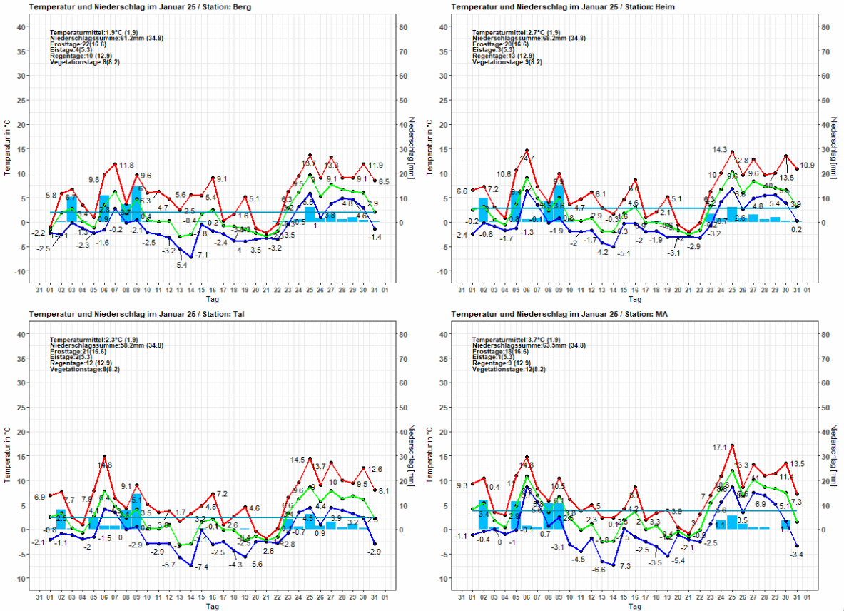 Temperatur und Niederschlag der Stationen im Januar 2025