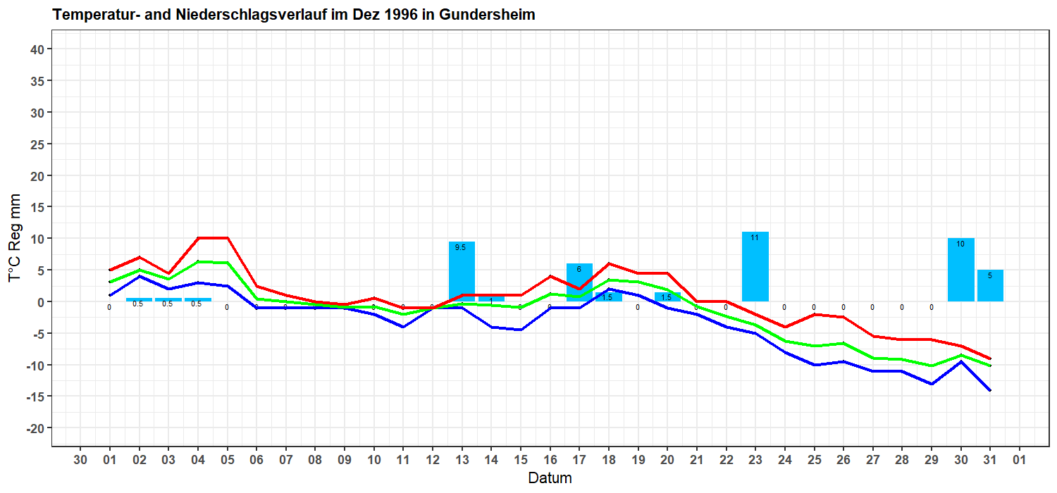 Temperatur- und Niederschlagsverlauf Januar 1996